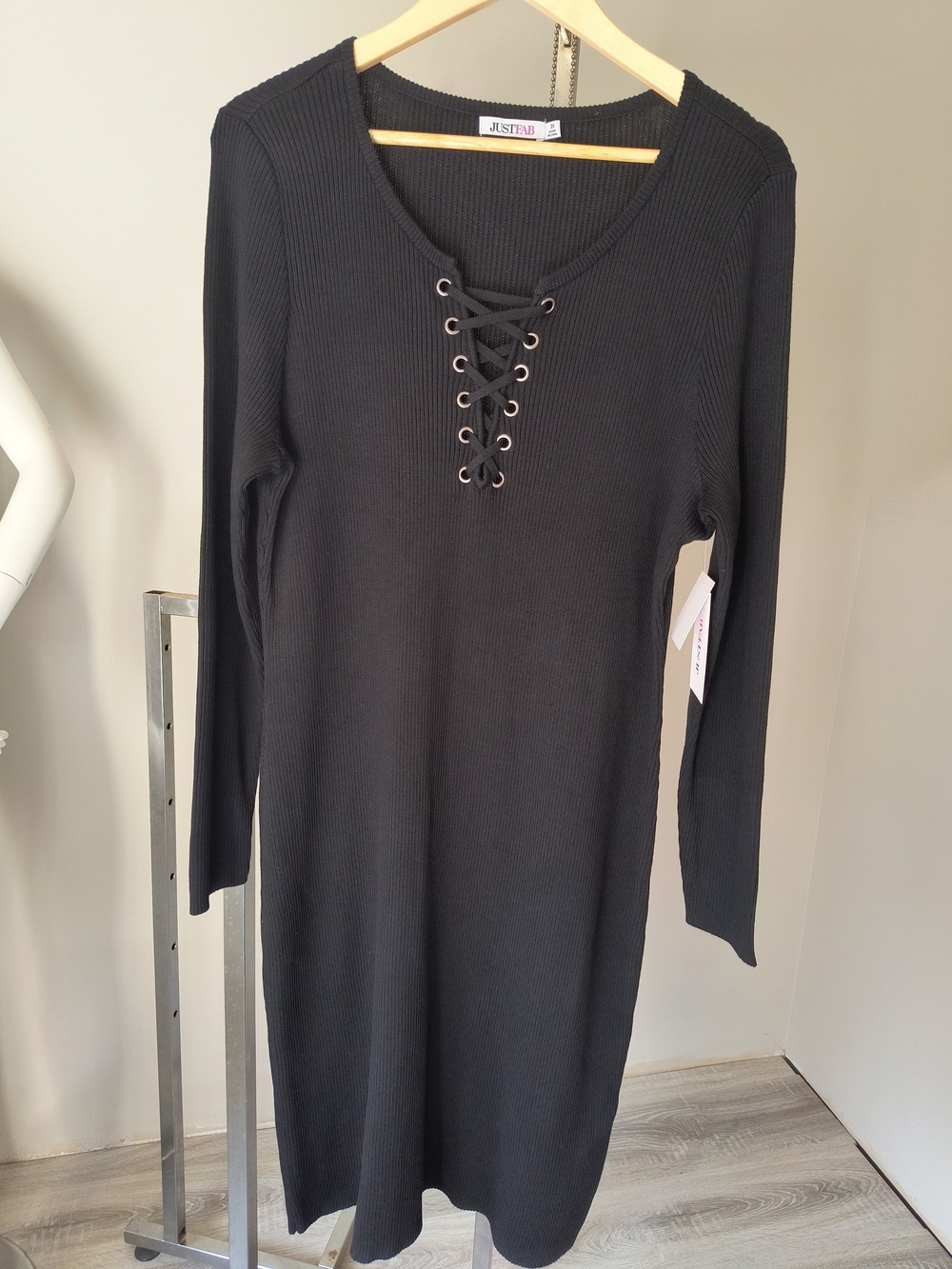 JustFab Black Lace-Up Knit Long Sleeve Sweater Dress | NWT Size 3X